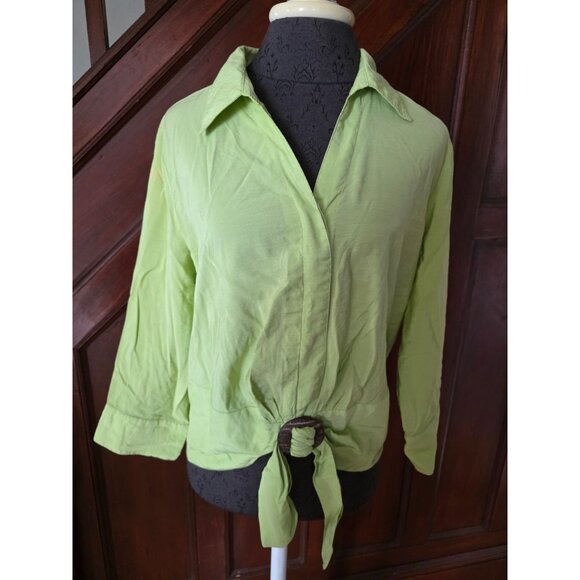 Coldwater Creek M Lime Green Buttoned Long Sleeve Tie-Front Blouse - Picture 1 of 9